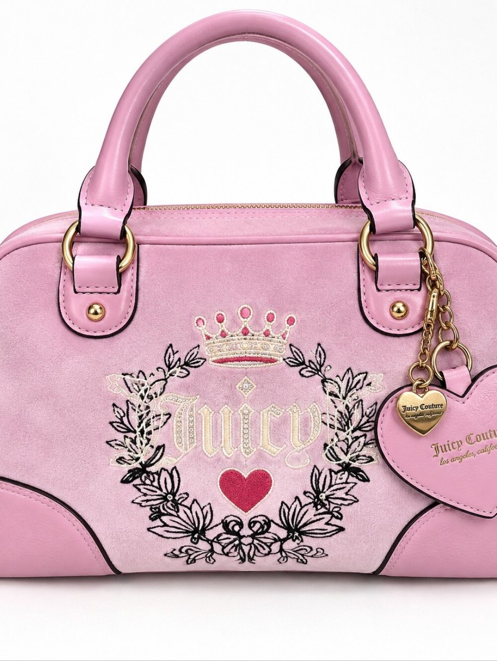Juicy Couture Y2K Pink Princess Bowler Bag Heart Charm Vintage